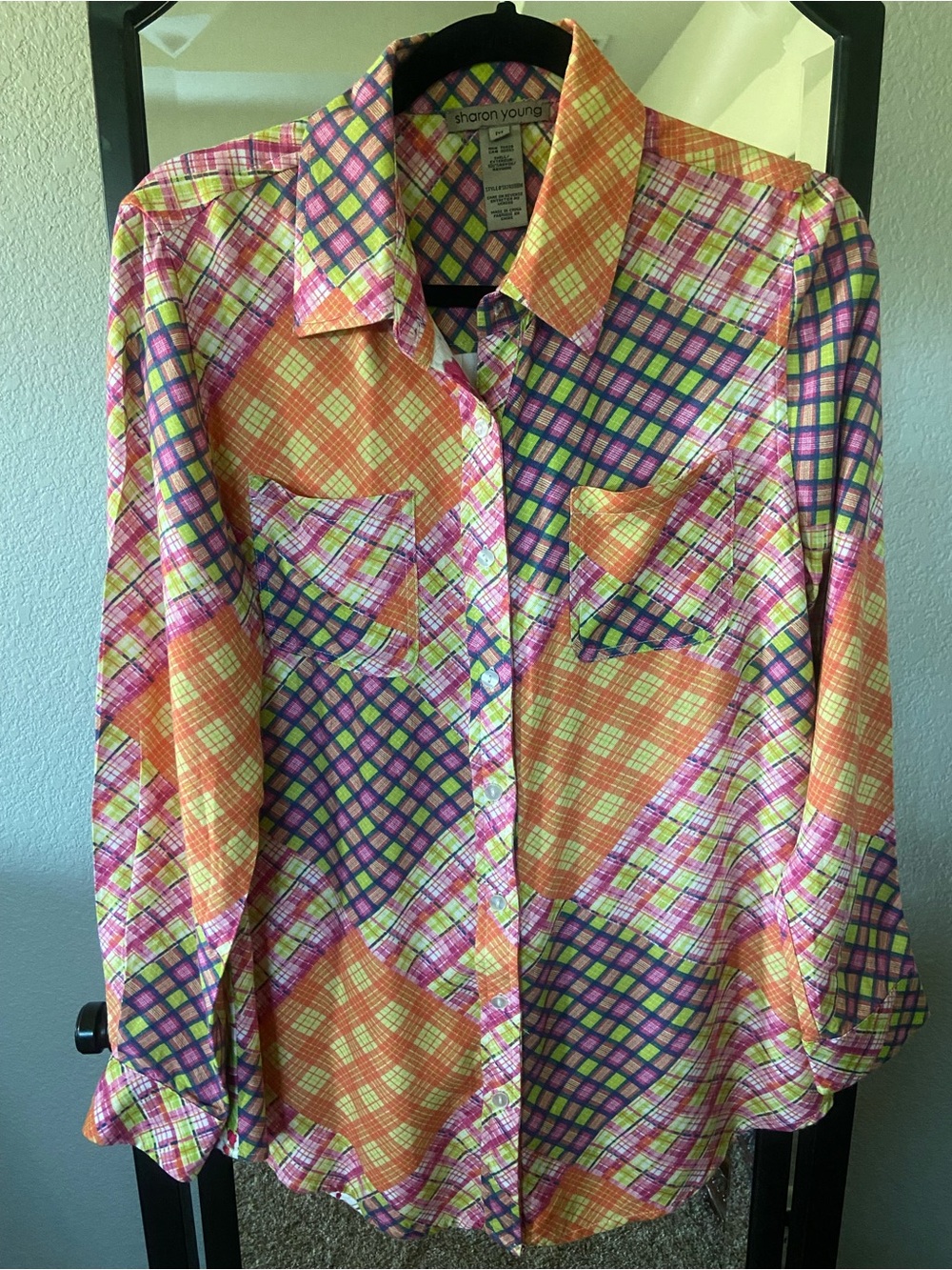 Sharon Young Multicolor Plaid Button-Down Shirt - Orange, Pink, Yellow, Green